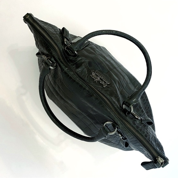 COACH BLACK CROC PRINT LEATHER ZIP CLOSURE TOP HANDLE SILVER BUCKLE PURSE BAG - Picture 3 of 12